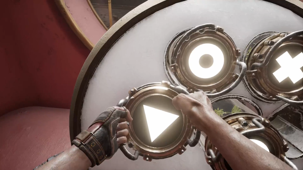 Player aiming gun at laser puzzle wall panel