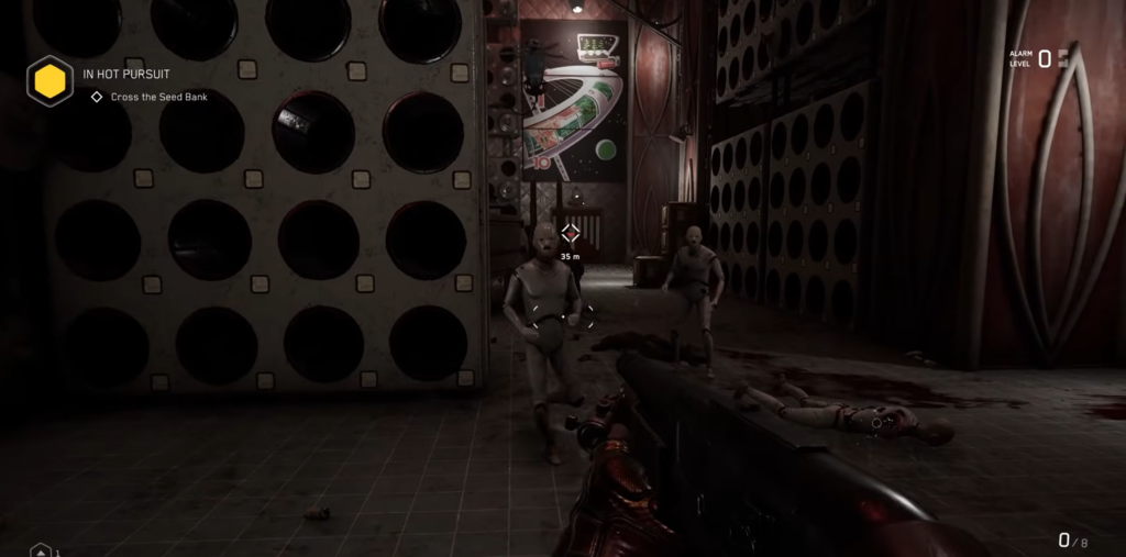 Player aims pistol at chicken in lab room