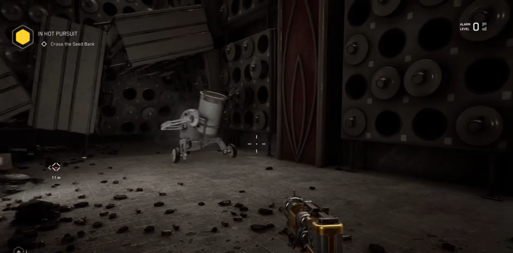 Player aiming pistol at red organic mass in lab