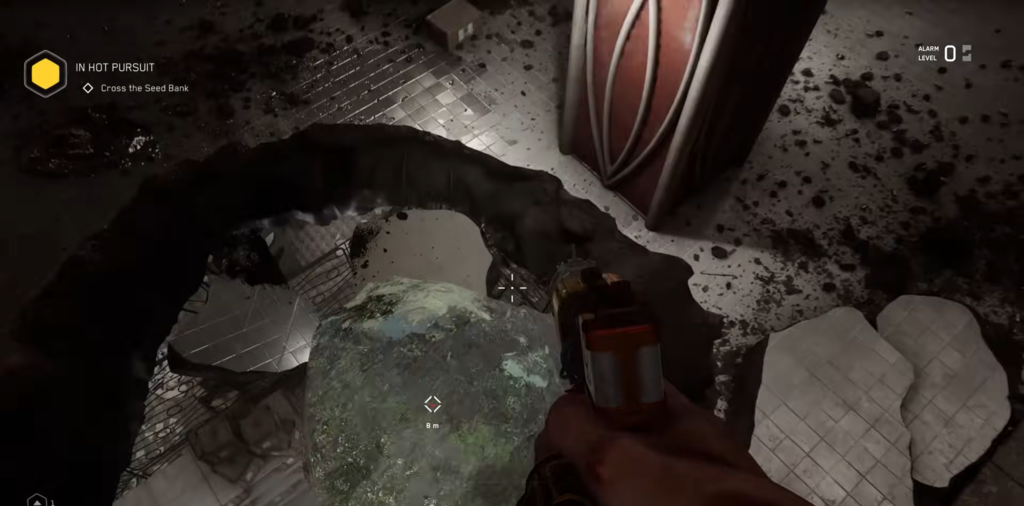 First-person view aiming at body in metal corridor