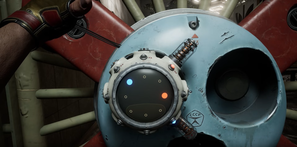 First-person aiming pistol at red and blue lasers