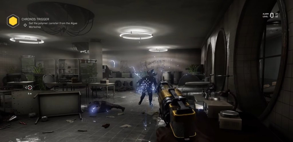 Player shoots electric arc at ceiling turbine indoors