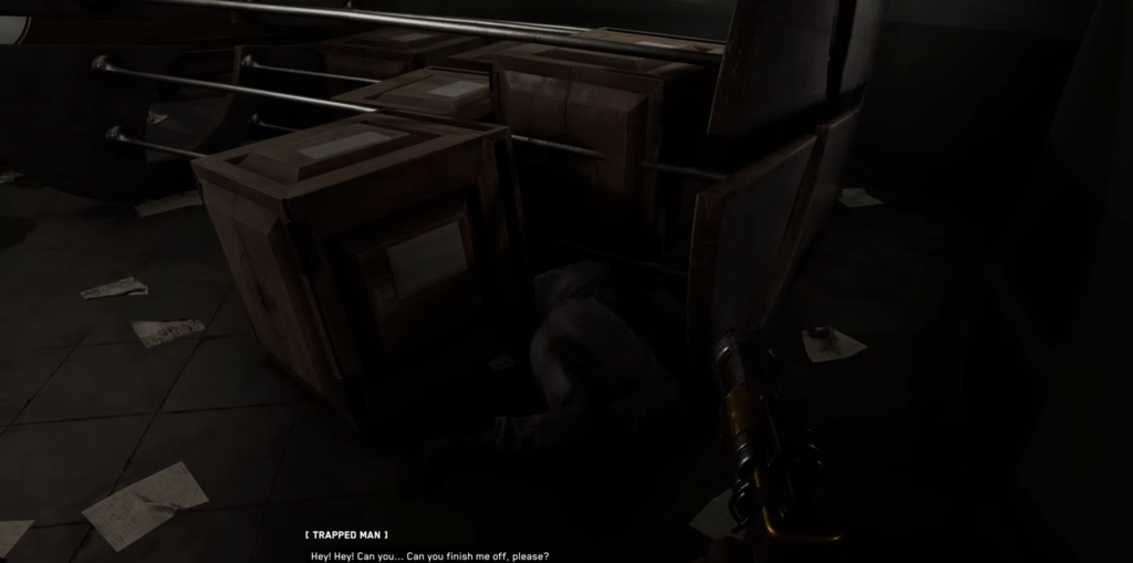 Holding green canister in Atomic Heart lab