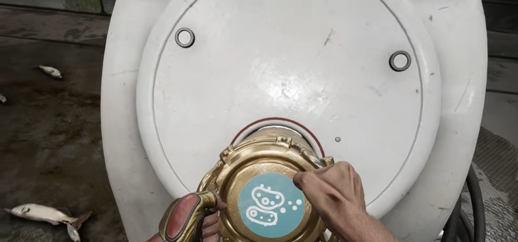 Holding pistol near metal canister in industrial room