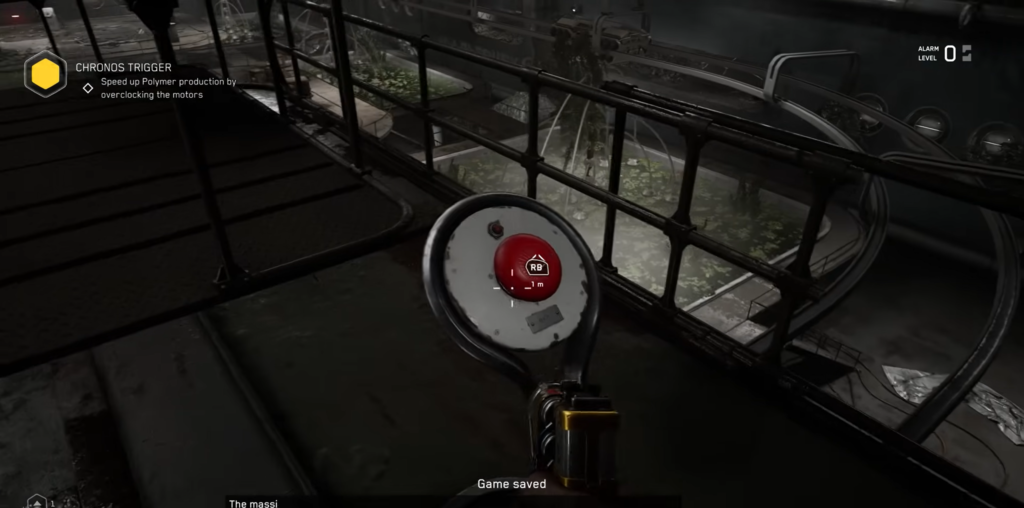 Player aims gun at black growth on concrete wall