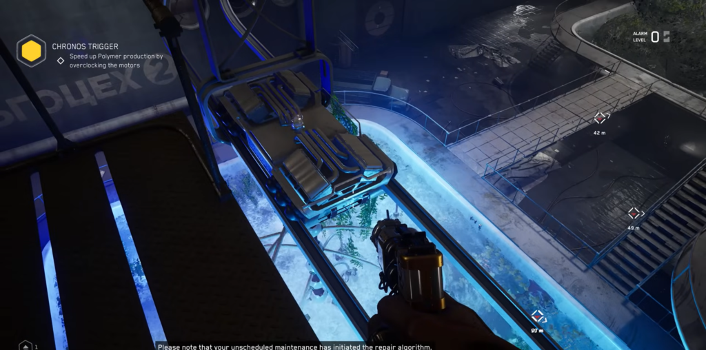 Atomic Heart player aiming gun in industrial room