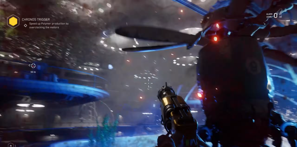 Player aims yellow pistol at control panel in facility