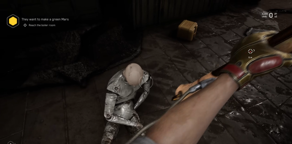 Red-haired person aims gun in building lobby