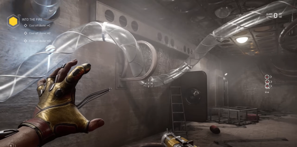 Person aiming gun in dim hallway interior