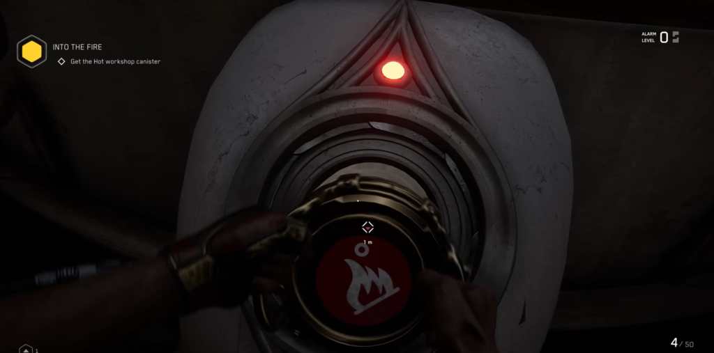 Blond person aiming gun beside white bed indoors