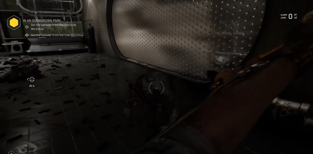 Woman aiming handgun at desk in dim room