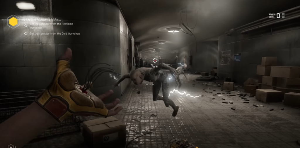 Aiming handgun at cabinet shelves in room interior