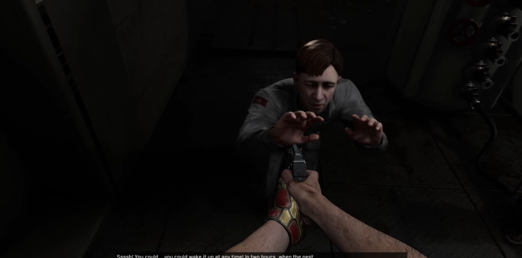 Leon S. Kennedy aims gun on rooftop walkway