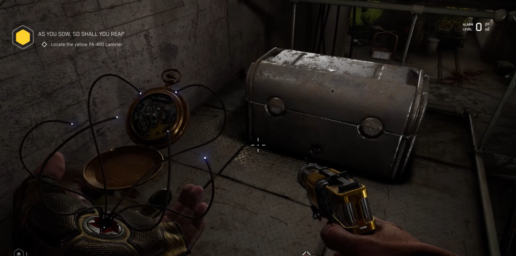 Sniper scope aiming at soldier near rusty trucks