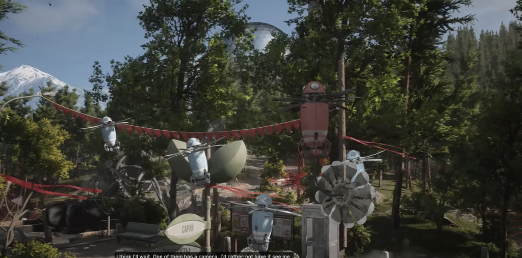 Дроны летают над парком среди деревьев