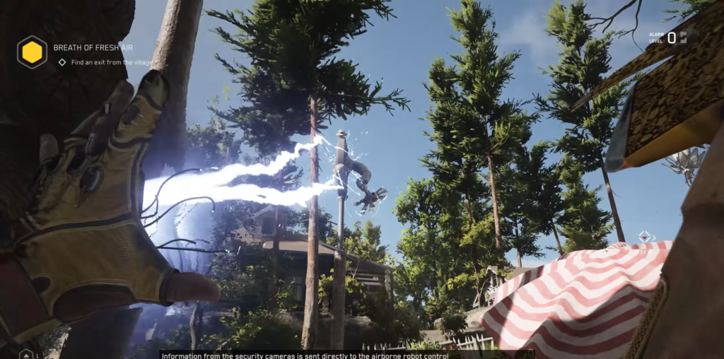 Рука стреляет электричеством в робота среди деревьев