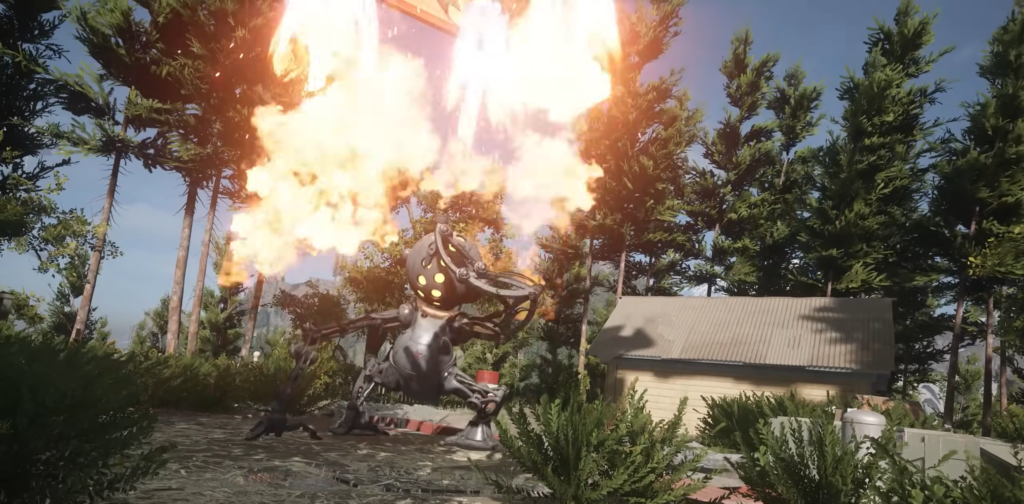 робот стреляет огнем в лесу рядом с домом