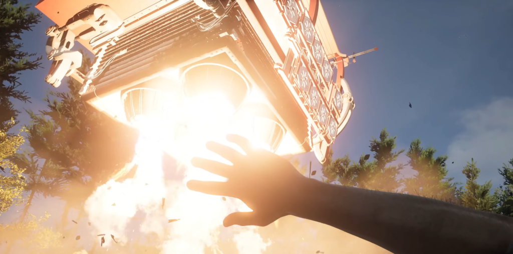 Рука тянется к взрывающемуся космическому кораблю в лесу