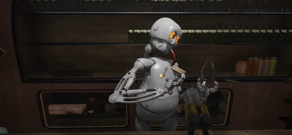 Серый робот держит щётку и бутылку в магазине