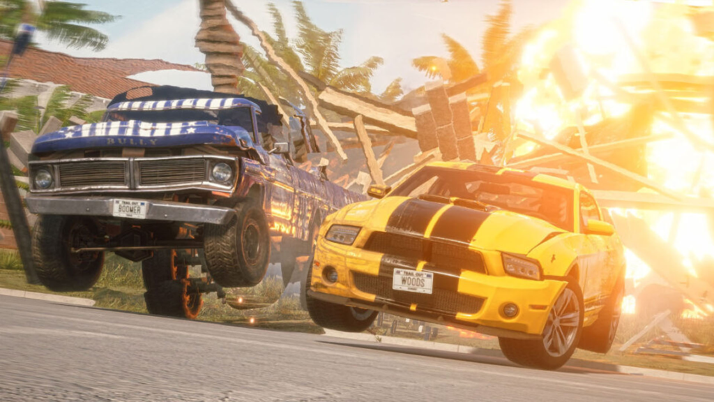 Жёлтый спорткар и синий пикап мчатся мимо взрыва