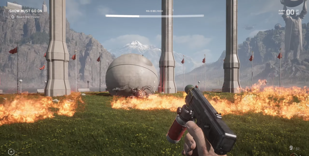 Armored man cooks over fire outside Palace of Culture