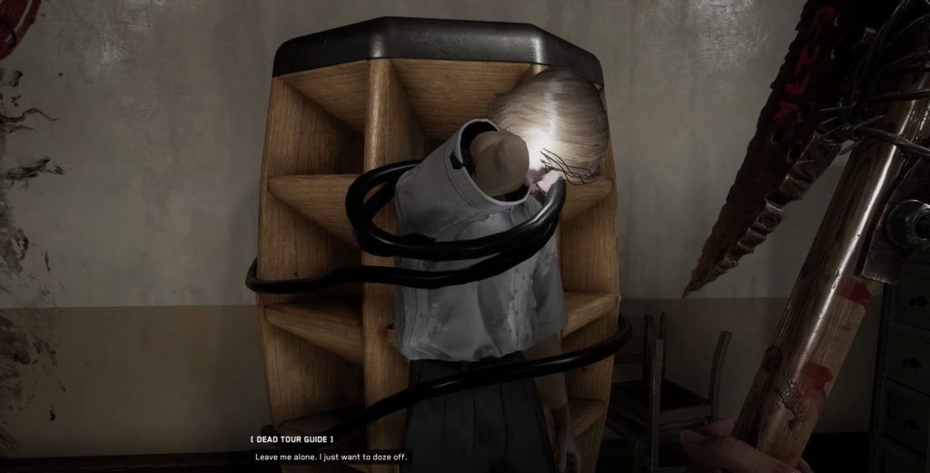 Leon and Grace stand in ruined street