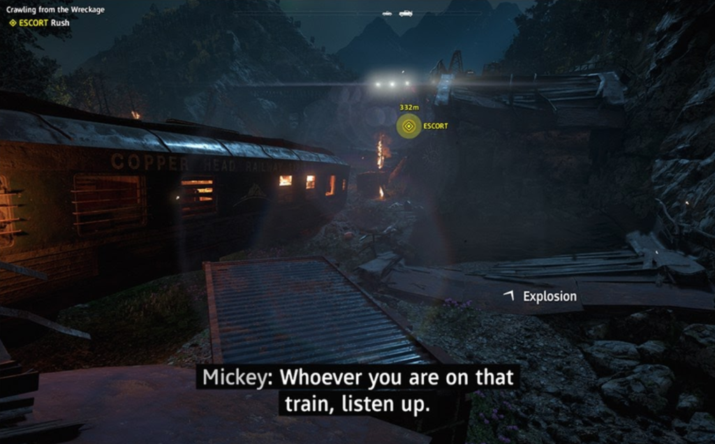 Поезд едет через обломки моста ночью в горах