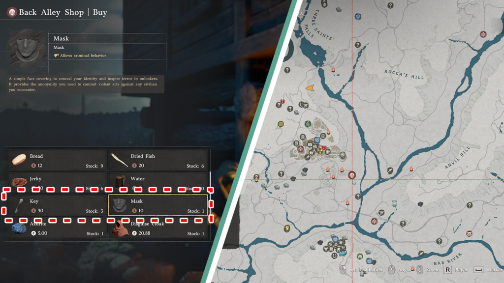 Меню магазина Back Alley Shop и карта мира игры
