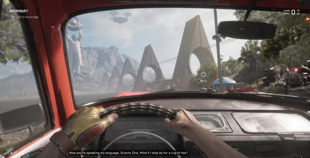 Вождение красной машины к мосту в Atomic Heart