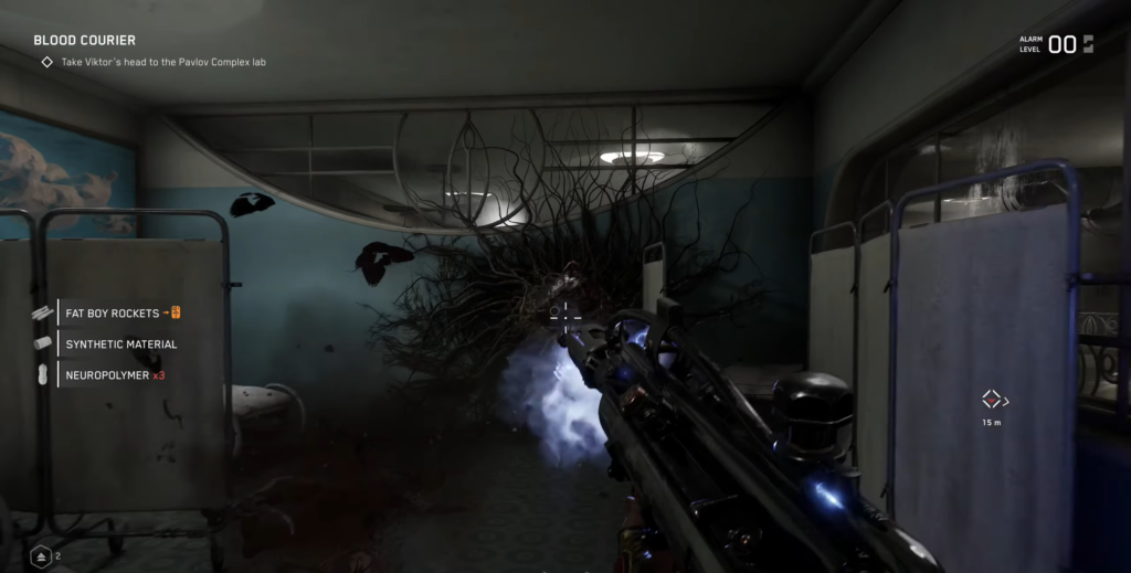 Игрок стреляет в монстра в больничной палате Atomic Heart