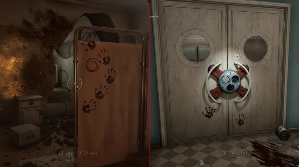 Кровавые отпечатки рук на двери и ширме в комнате