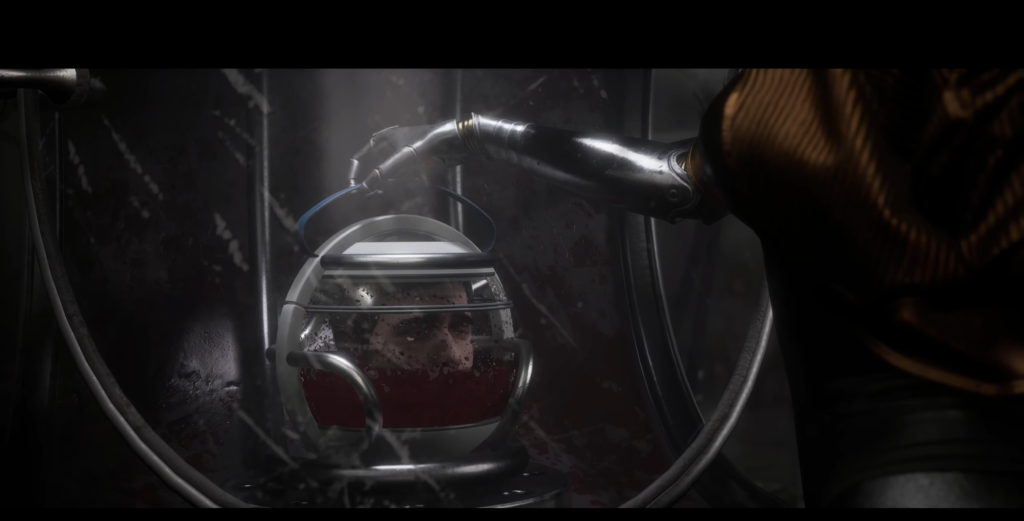 Рука в перчатке держит шлем с головой в лаборатории