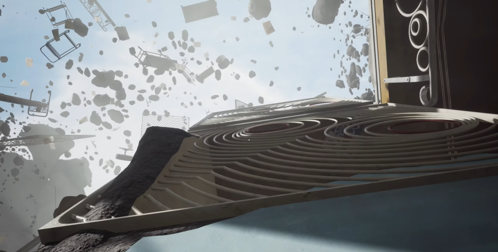 Парящие камни и мебель над лабиринтом под небом