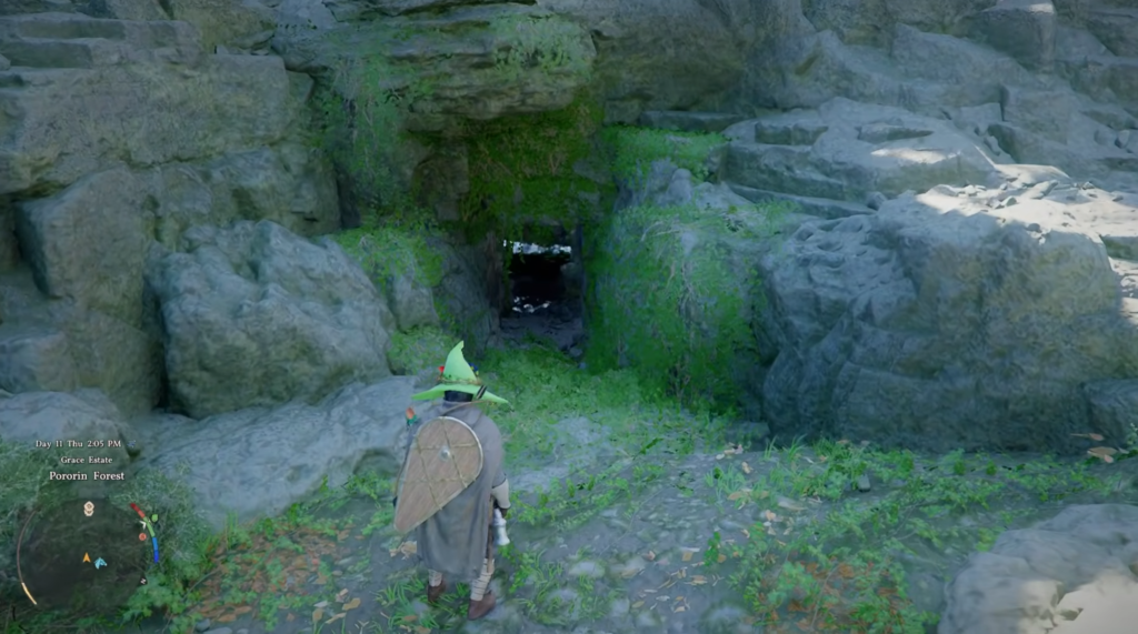 Волшебник в зелёной шляпе стоит у пещеры