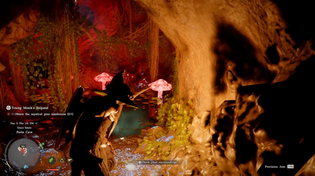 Лучник целится в пещере среди розовых грибов