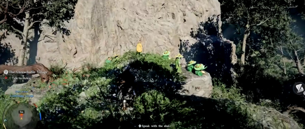 Персонаж идет к зелёным существам у скалы