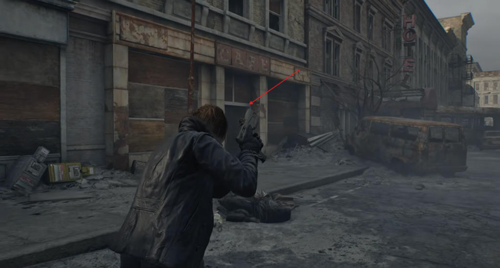 Мужчина целится из пистолета на разрушенной улице