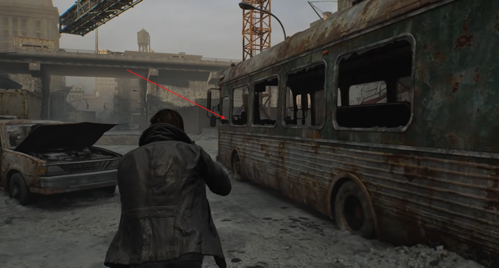 Персонаж идет мимо ржавого автобуса на улице