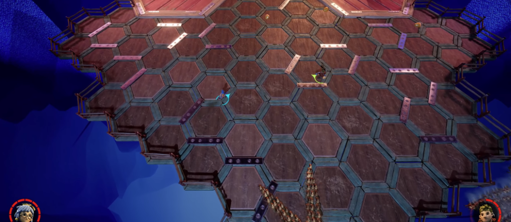 Юниты сражаются на шестиугольной арене над водой