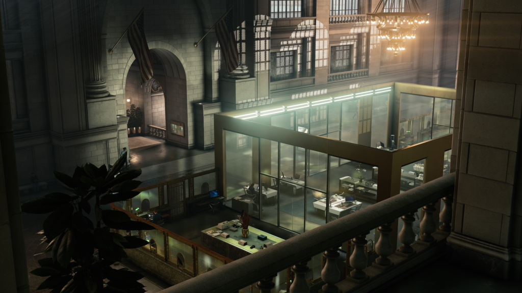 Стеклянный офис внутри большого зала здания