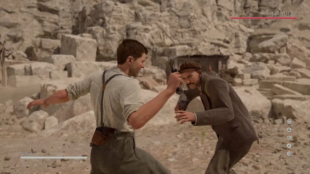 Энцо дерётся с Мануэле в каменоломне, The Saboteur