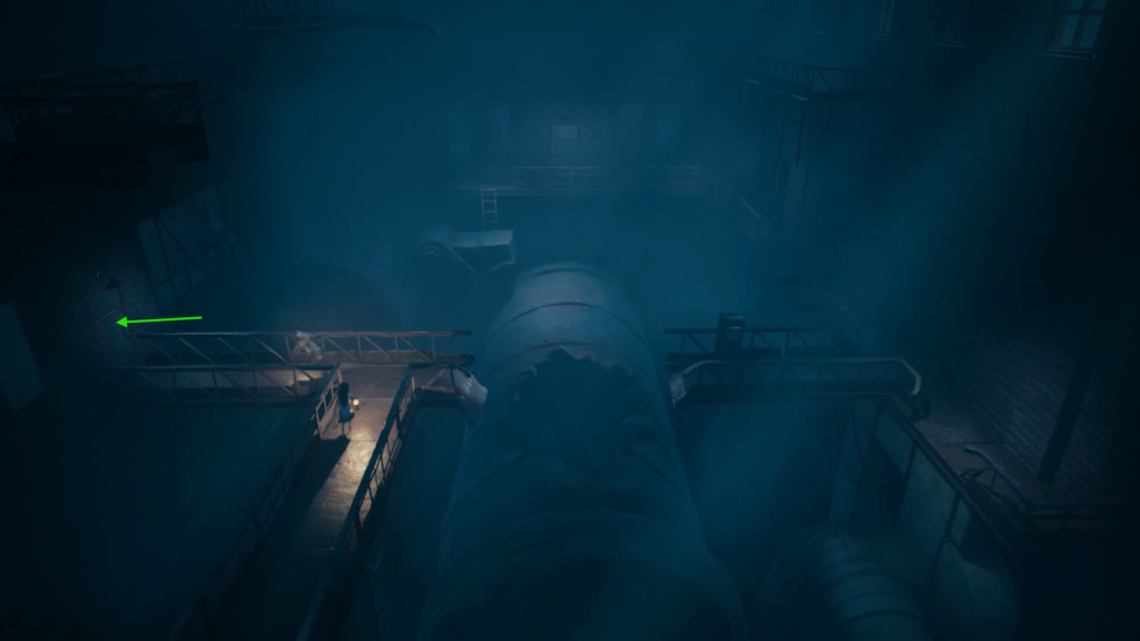 Фигура идет по мосткам в цехе