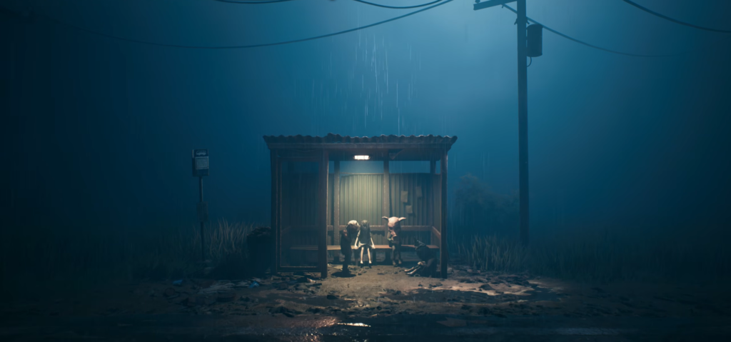 Дети сидят на остановке ночью