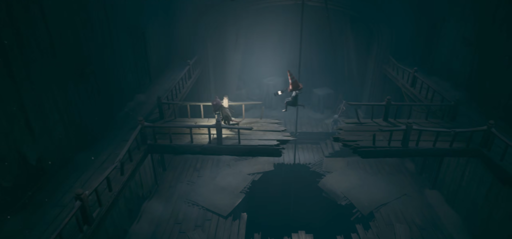 Персонаж прыгает по мосткам в темноте