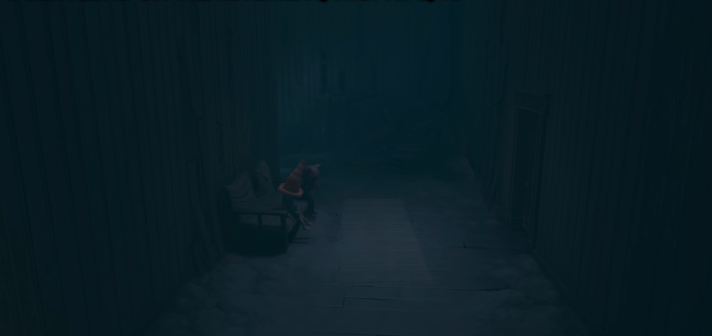 Фигура сидит на кровати в тумане