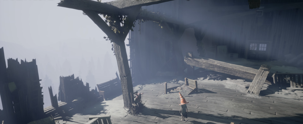 Персонаж в конусе идет по настилу