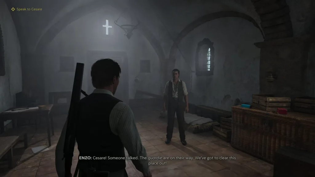 Себастьян Кастелланос разговаривает с Энцо в подвале церкви