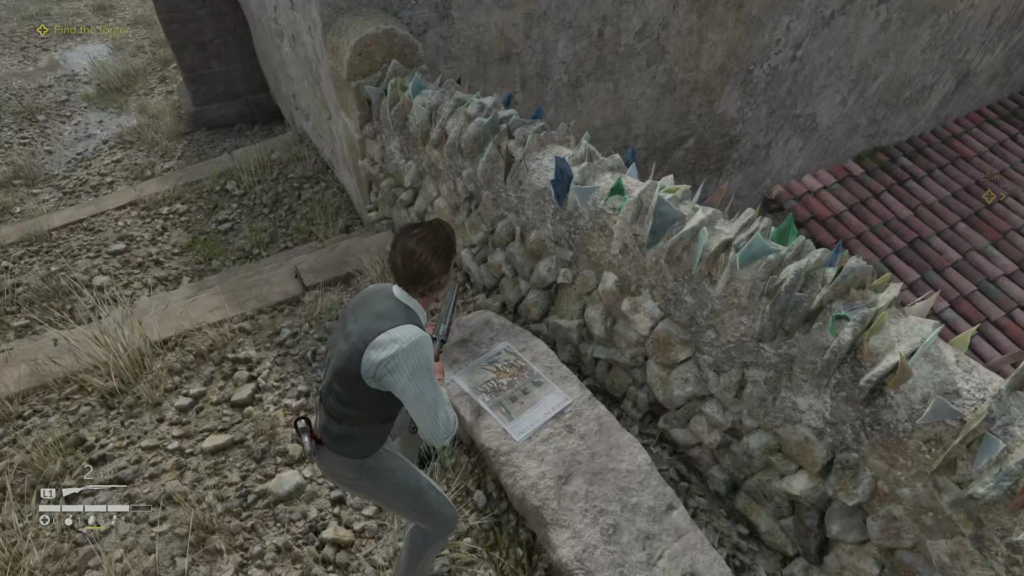 Персонаж целится пистолетом у каменной стены с бутылками