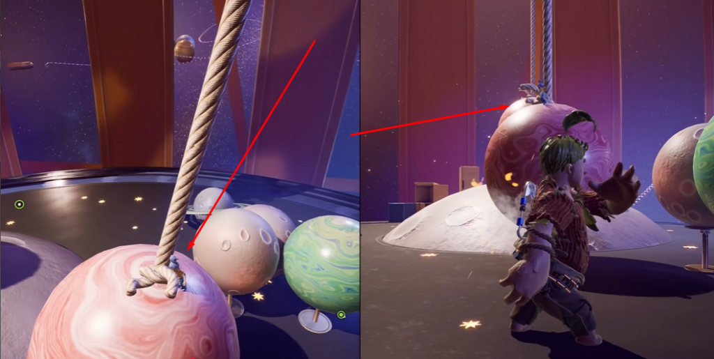 Персонаж It Takes Two толкает розовый шар в комнате