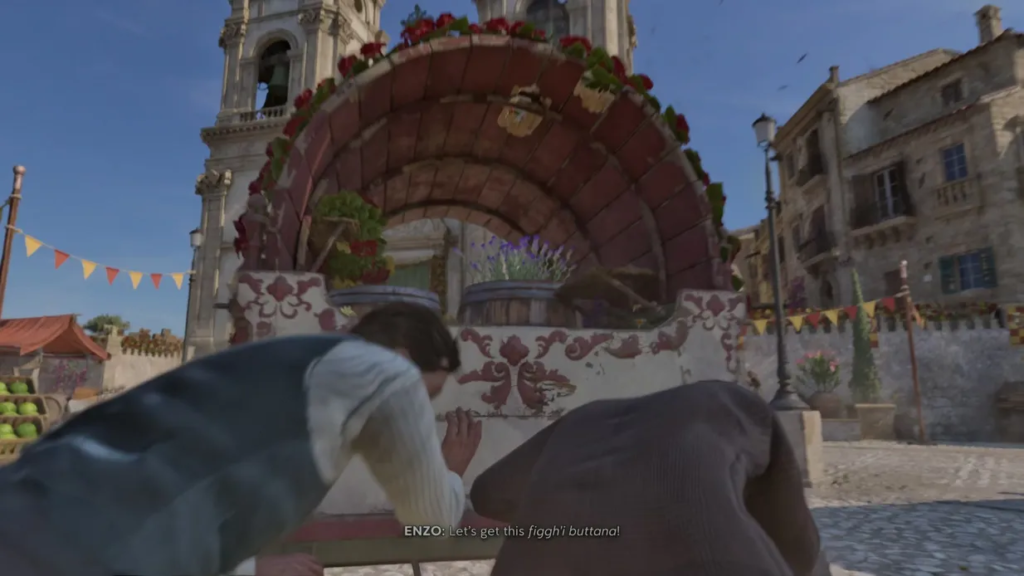 Энцо прячется за телегой на городской площади Mafia II